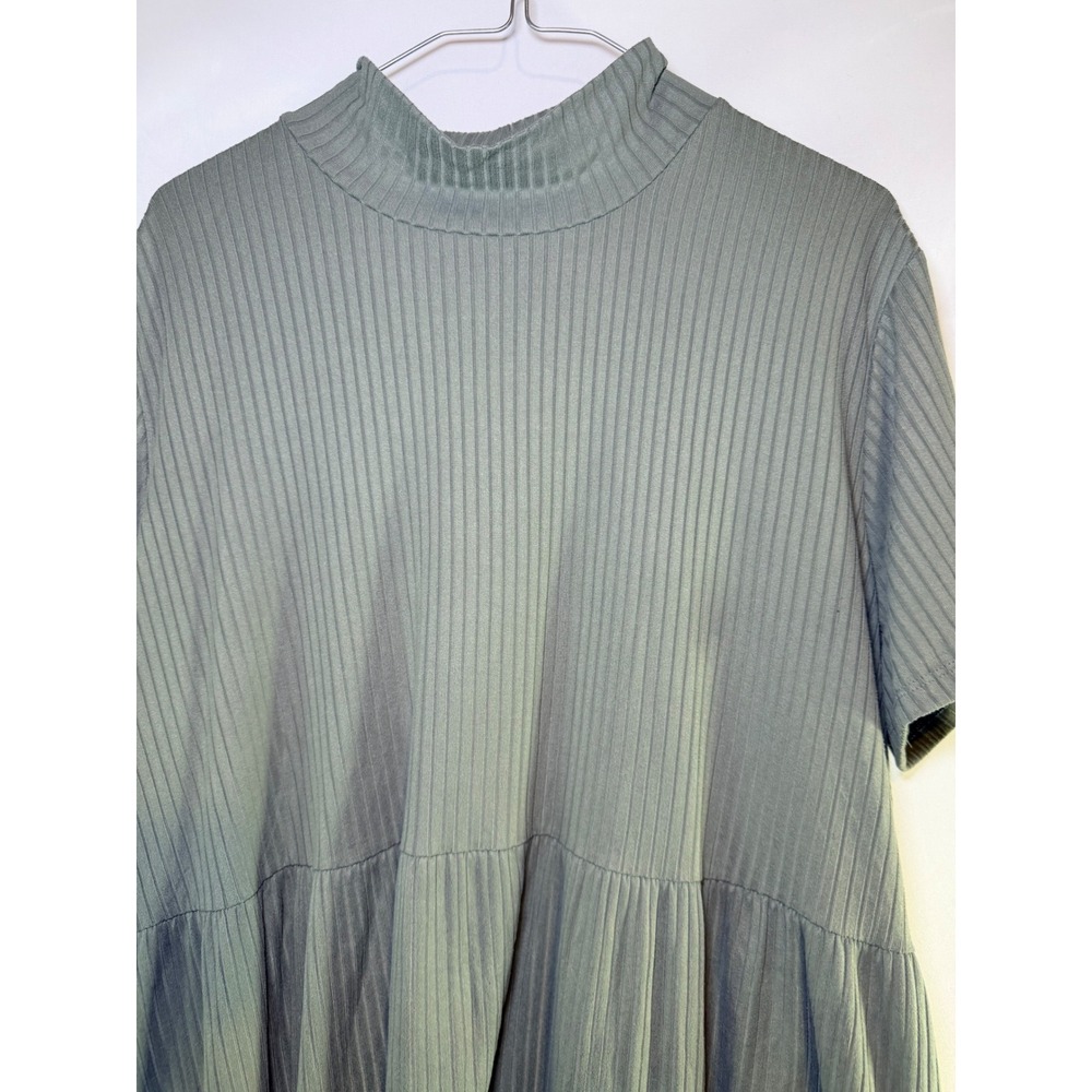Entro Sage Green Ribbed Mock Neck Tiered Babydoll Tunic Top Short Sleeve - Picture 2 of 4